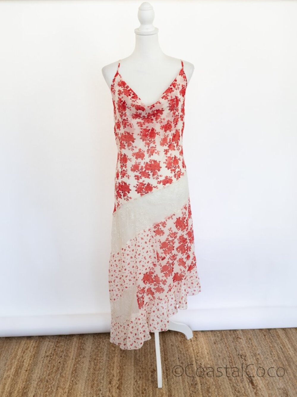 Jessica Simpson Floral & Lace Slip Dress XL Sheer Lace Red Rose Patchwork Summer